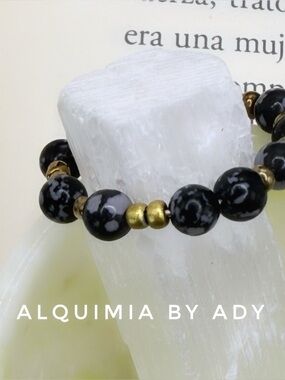 DAINTY BOHO Snowflake obsidian beaded gem ring
